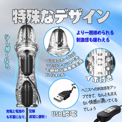 TaRiss's ペニスリング 亀頭責め ペニス責め 五つのローター イボ付き 10種類振動モード USB給電 TPE製 男性用 クリア 150mmx75mm - TaRiss's