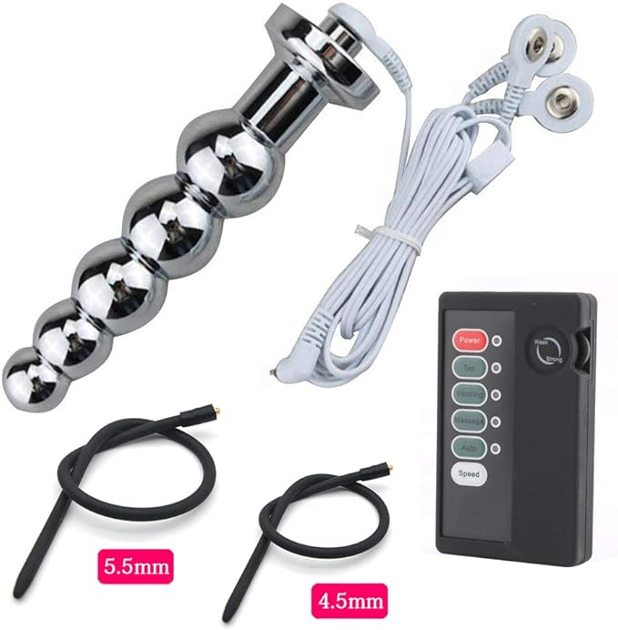 MAPARON 低周波マッサージ 5点セット リモコンボックス＋電線＋アナルプラグ＋尿道ブジー（2本） 5連結ビーズ SMプレイ 金属 シリコン 4.5mm+5.5mm 超上級者向け - TaRiss's