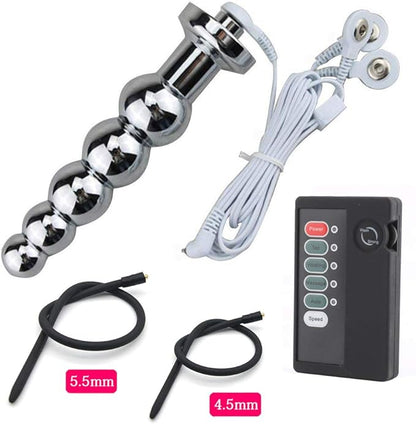 MAPARON 低周波マッサージ 5点セット リモコンボックス＋電線＋アナルプラグ＋尿道ブジー（2本） 5連結ビーズ SMプレイ 金属 シリコン 4.5mm+5.5mm 超上級者向け - TaRiss's