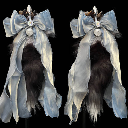 MinYn アナル尻尾 アナルプラグ キツネの毛皮 ブルー・グレー系のリボン - TaRiss's