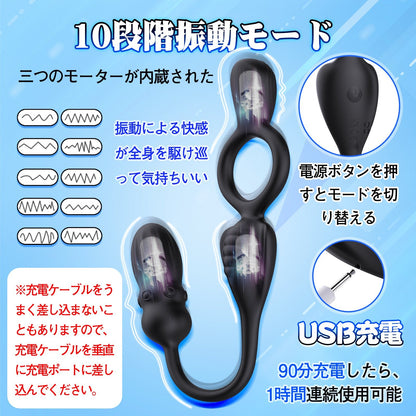 TaRiss's 電動ペニスリング アナルプラグ付き 10段階振動モード リモコン付き 多種用途 シリコン ブラック - TaRiss's