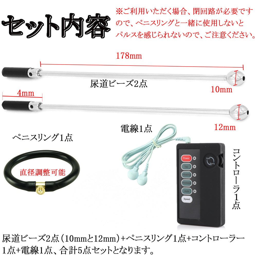 TaRiss's 5点セット 中空式尿道ビーズ ペニスリング付き パルス可能 尿道責め ペニス刺激 ステンレス シリコン 上級者向け 10mmと12mm - TaRiss's